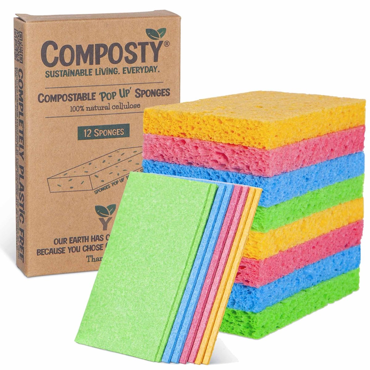 Compressed Sponges, Cellulose Sponges Kitchen for Non-Scratch Washing Dishes, Household Cleaning Scrub Natural Sponges, Pack of 12 Colorful Sponges